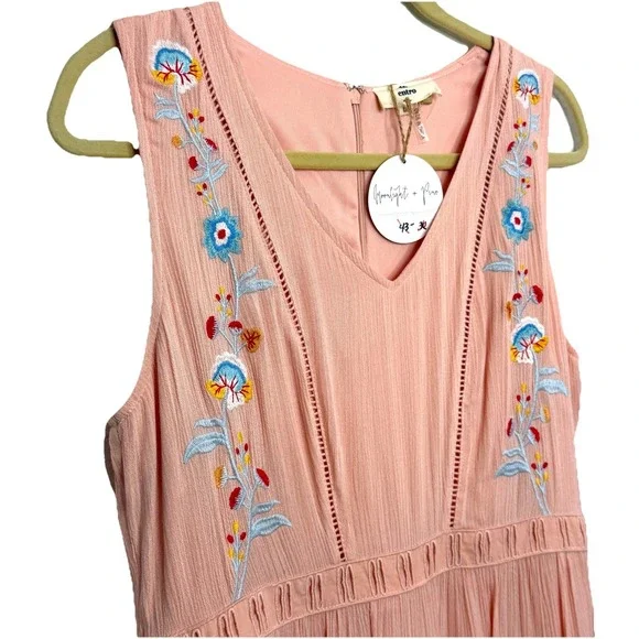 Entro Peach Embroidered Midi Dress Boho Floral Sleeveless Empire Waist Size L - Picture 7 of 14